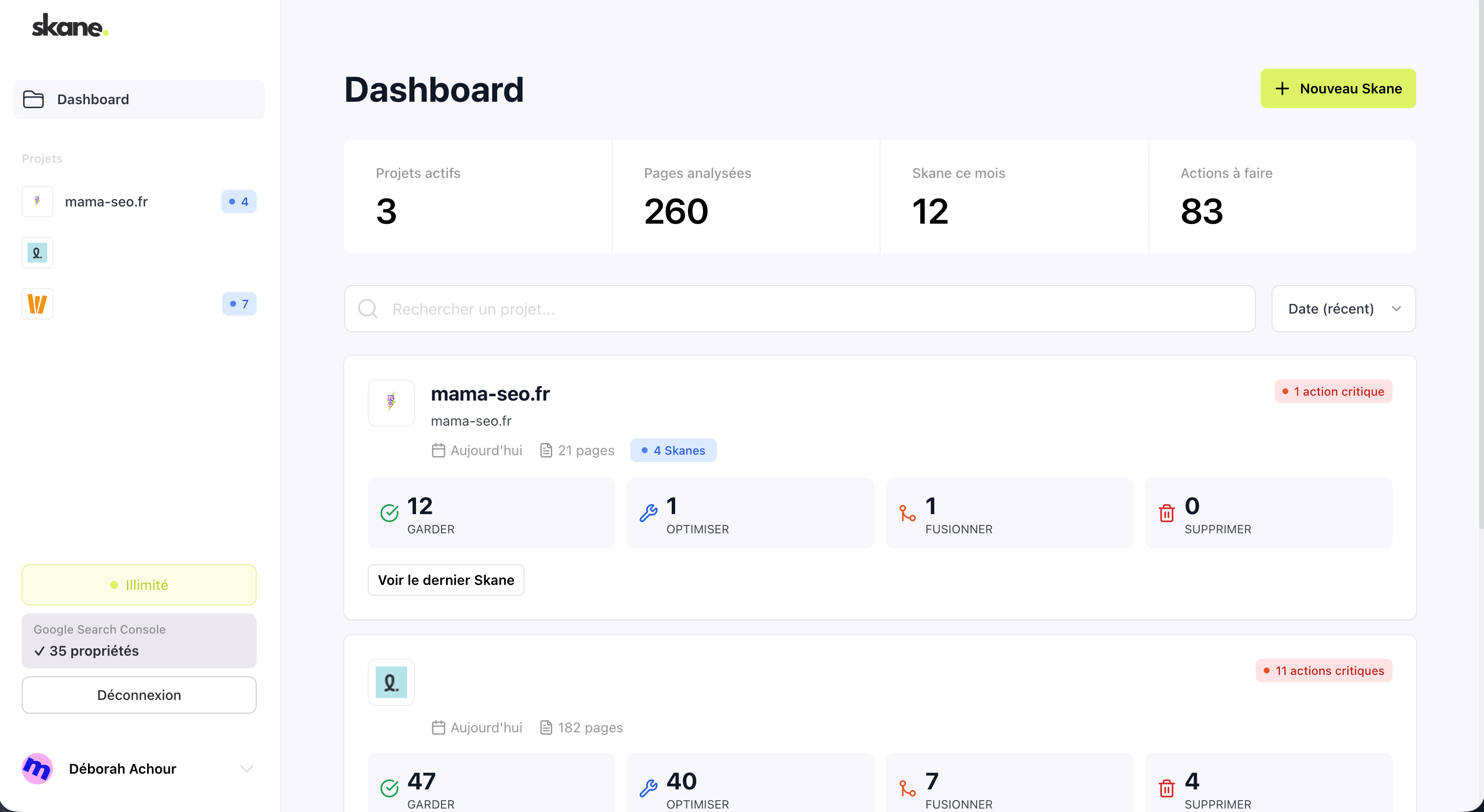 Dashboard Skane — vue d'ensemble des projets et actions SEO