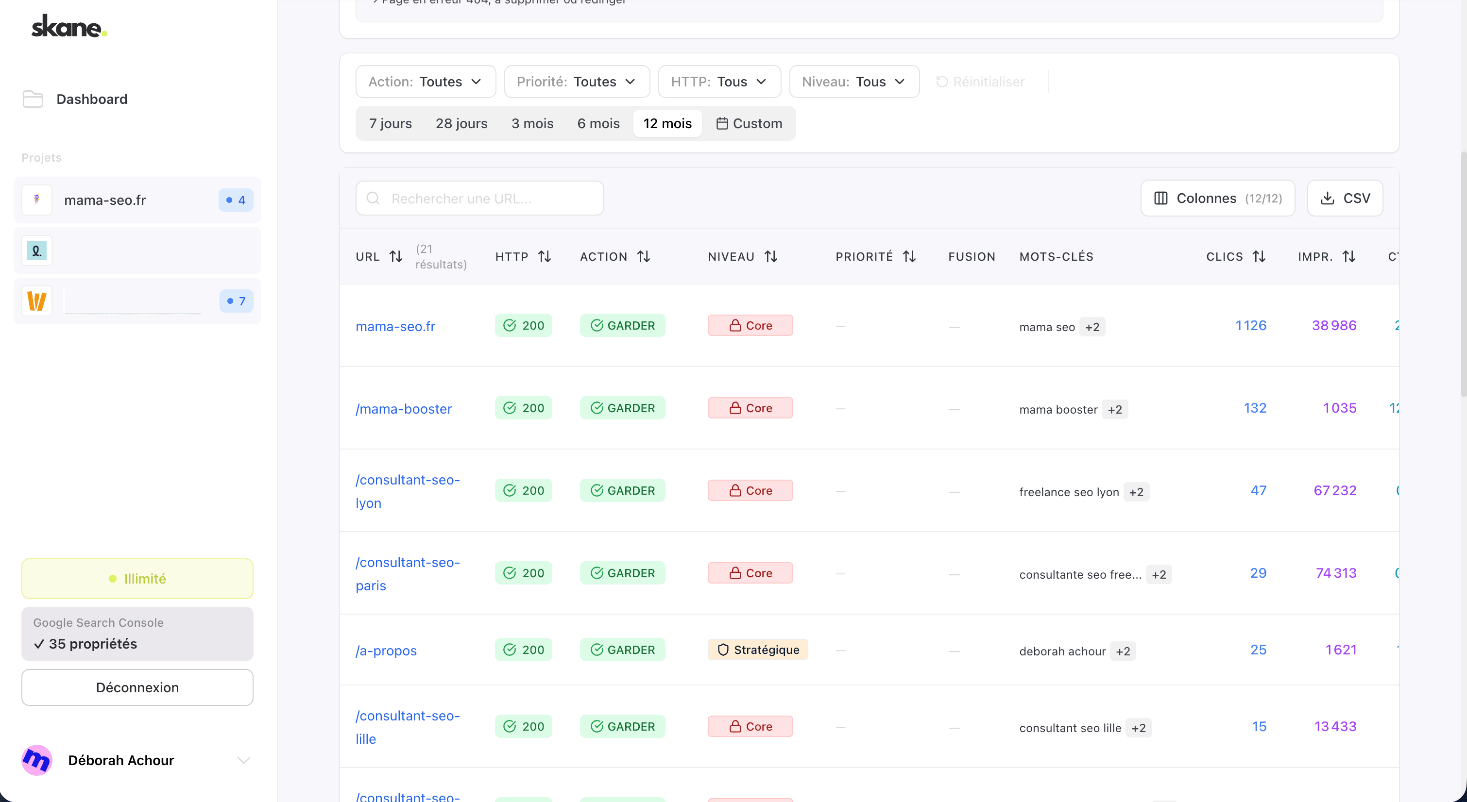 Tableau de résultats Skane — chaque page classée avec son action